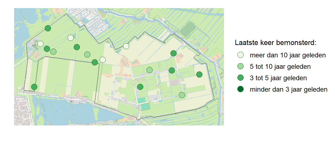 Kaart met meetlocaties waar waterplanten worden gemeten (groene stippen). Het laatste meetjaar waarin een locatie is bemonsterd is weergegeven in verschillende tinten groen.