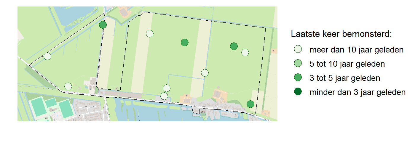 Kaart met meetlocaties waar waterplanten worden gemeten (groene stippen). Het laatste meetjaar waarin een locatie is bemonsterd is weergegeven in verschillende tinten groen.