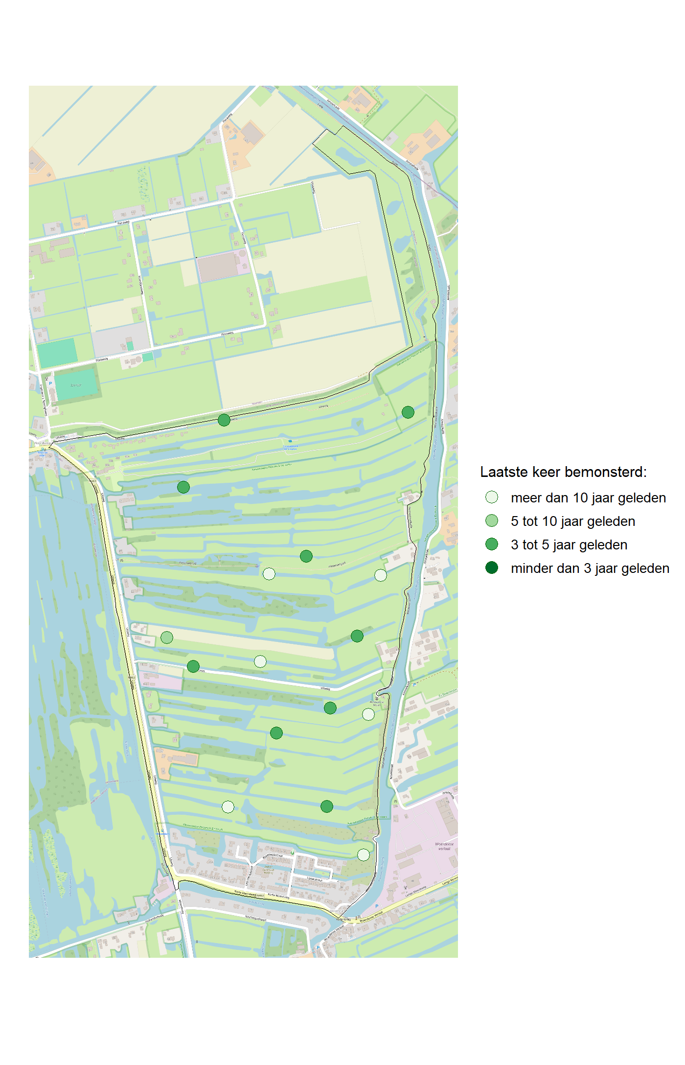 Kaart met meetlocaties waar waterplanten worden gemeten (groene stippen). Het laatste meetjaar waarin een locatie is bemonsterd is weergegeven in verschillende tinten groen.