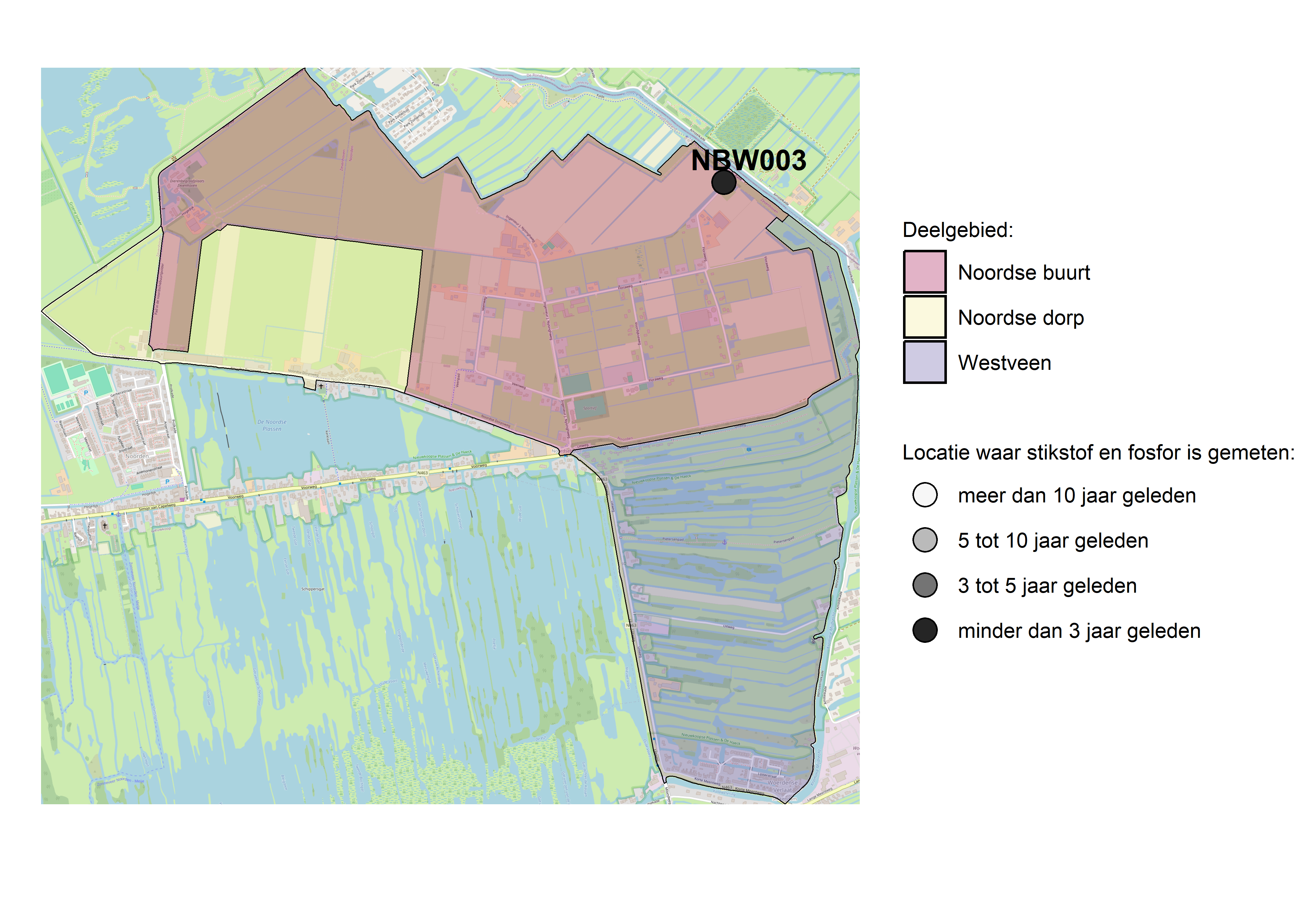 Figure 1: Kaart met meetlocaties waar stikstof en fosfor zijn gemeten. Het laatste meetjaar waarin een locatie is bemonsterd, is weergegeven in verschillende tinten grijs.