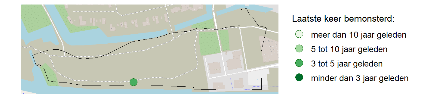 Kaart met meetlocaties waar waterplanten worden gemeten (groene stippen). Het laatste meetjaar waarin een locatie is bemonsterd is weergegeven in verschillende tinten groen.