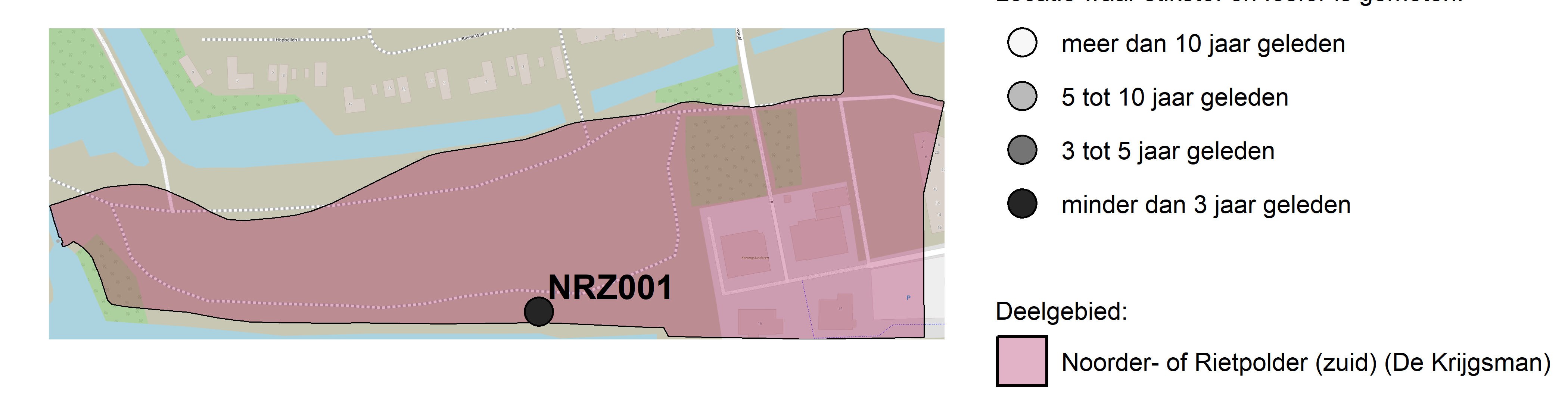 Figure 1: Kaart met meetlocaties waar stikstof en fosfor zijn gemeten. Het laatste meetjaar waarin een locatie is bemonsterd, is weergegeven in verschillende tinten grijs.