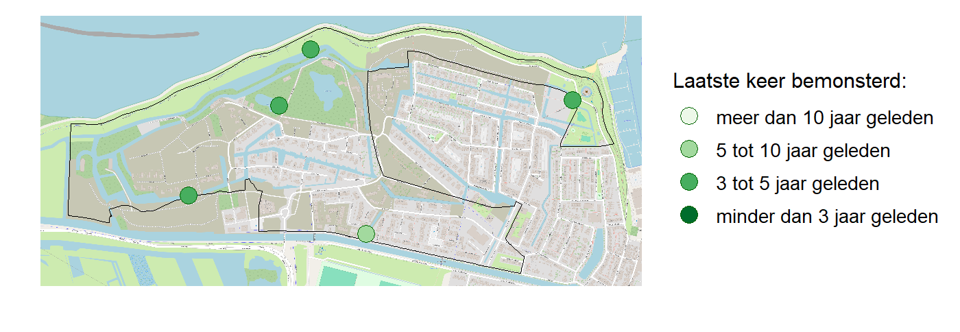 Kaart met meetlocaties waar waterplanten worden gemeten (groene stippen). Het laatste meetjaar waarin een locatie is bemonsterd is weergegeven in verschillende tinten groen.