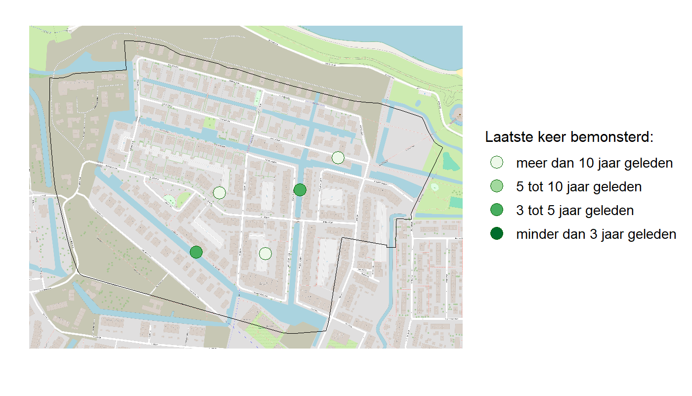 Kaart met meetlocaties waar waterplanten worden gemeten (groene stippen). Het laatste meetjaar waarin een locatie is bemonsterd is weergegeven in verschillende tinten groen.