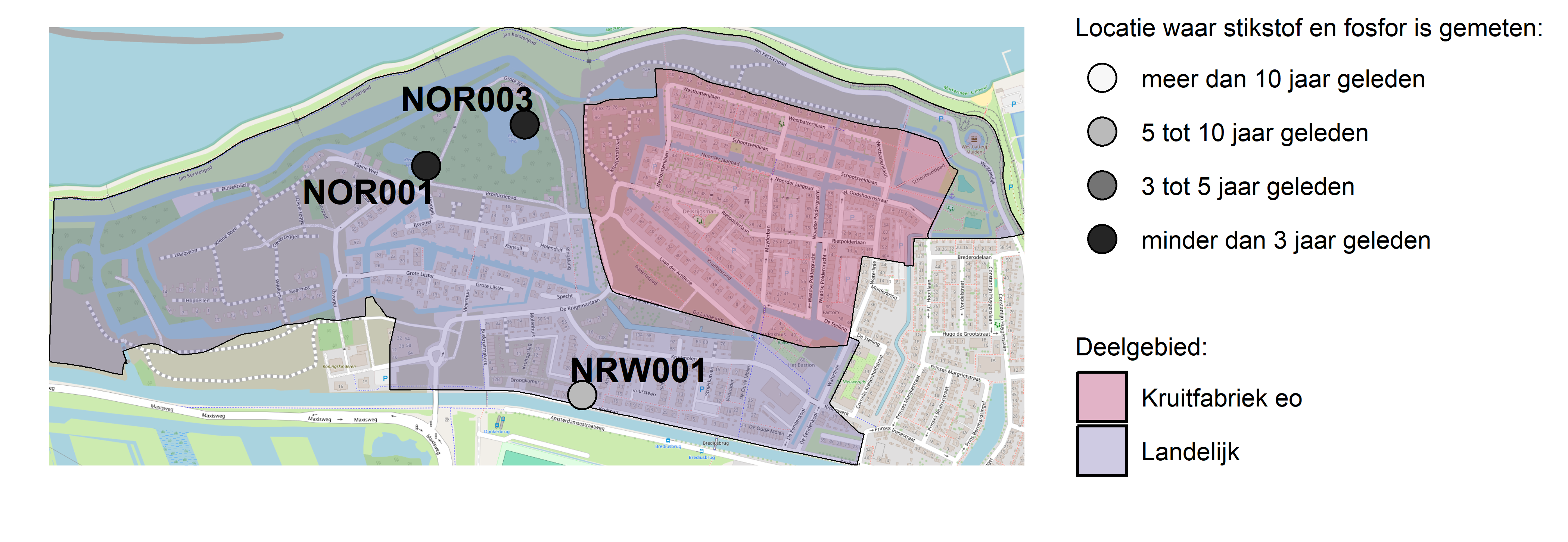 Figure 1: Kaart met meetlocaties waar stikstof en fosfor zijn gemeten. Het laatste meetjaar waarin een locatie is bemonsterd, is weergegeven in verschillende tinten grijs.