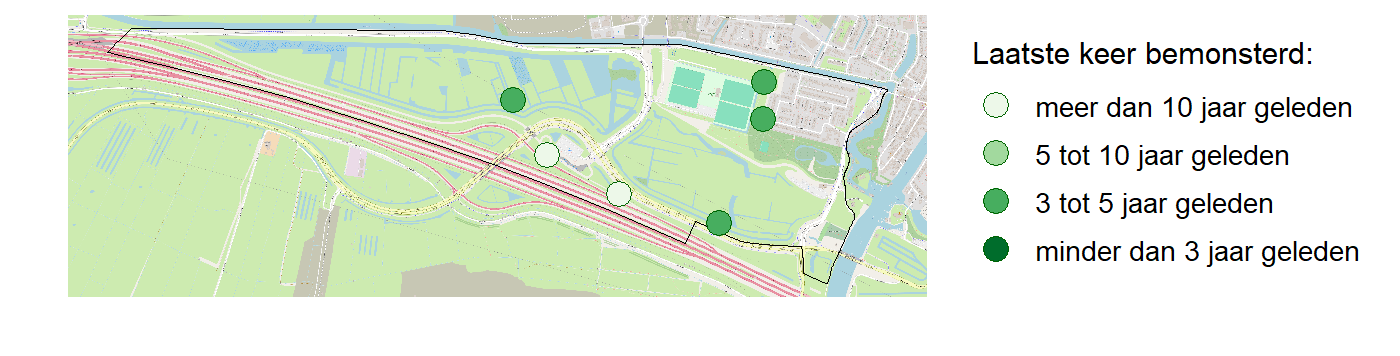 Kaart met meetlocaties waar waterplanten worden gemeten (groene stippen). Het laatste meetjaar waarin een locatie is bemonsterd is weergegeven in verschillende tinten groen.