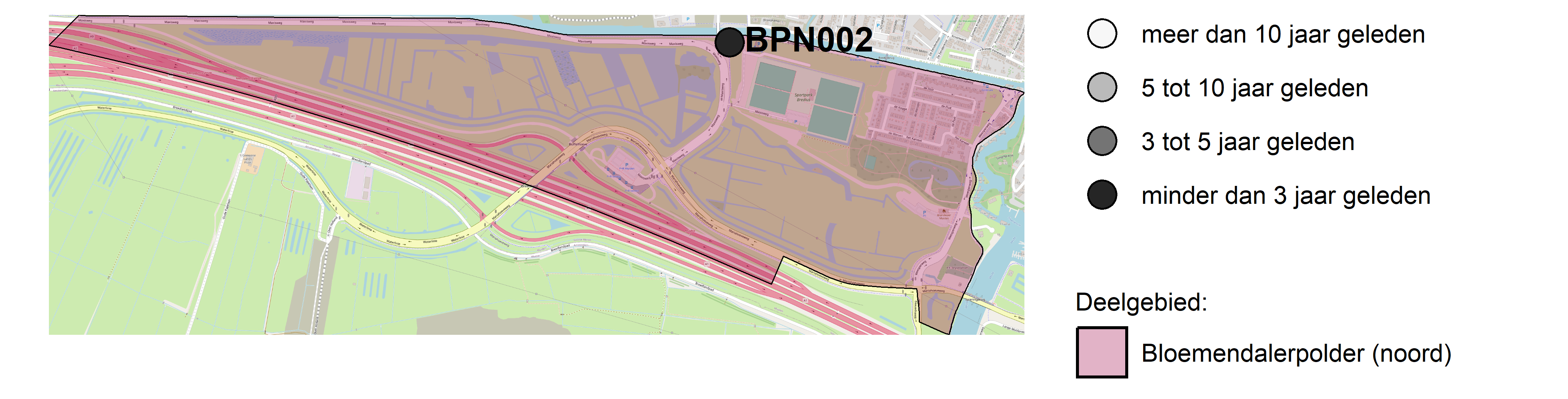 Figure 1: Kaart met meetlocaties waar stikstof en fosfor zijn gemeten. Het laatste meetjaar waarin een locatie is bemonsterd, is weergegeven in verschillende tinten grijs.