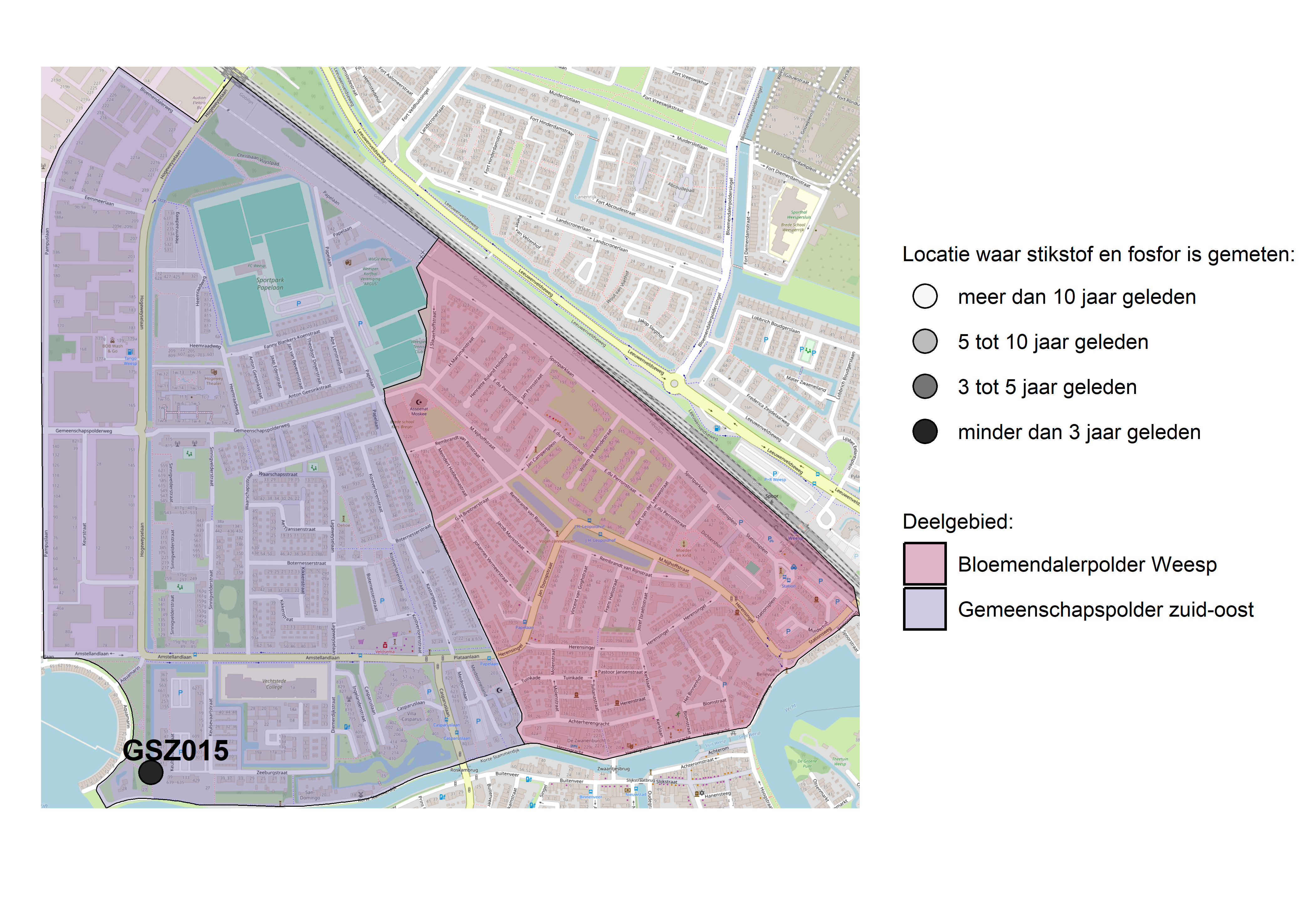 Figure 1: Kaart met meetlocaties waar stikstof en fosfor zijn gemeten. Het laatste meetjaar waarin een locatie is bemonsterd, is weergegeven in verschillende tinten grijs.