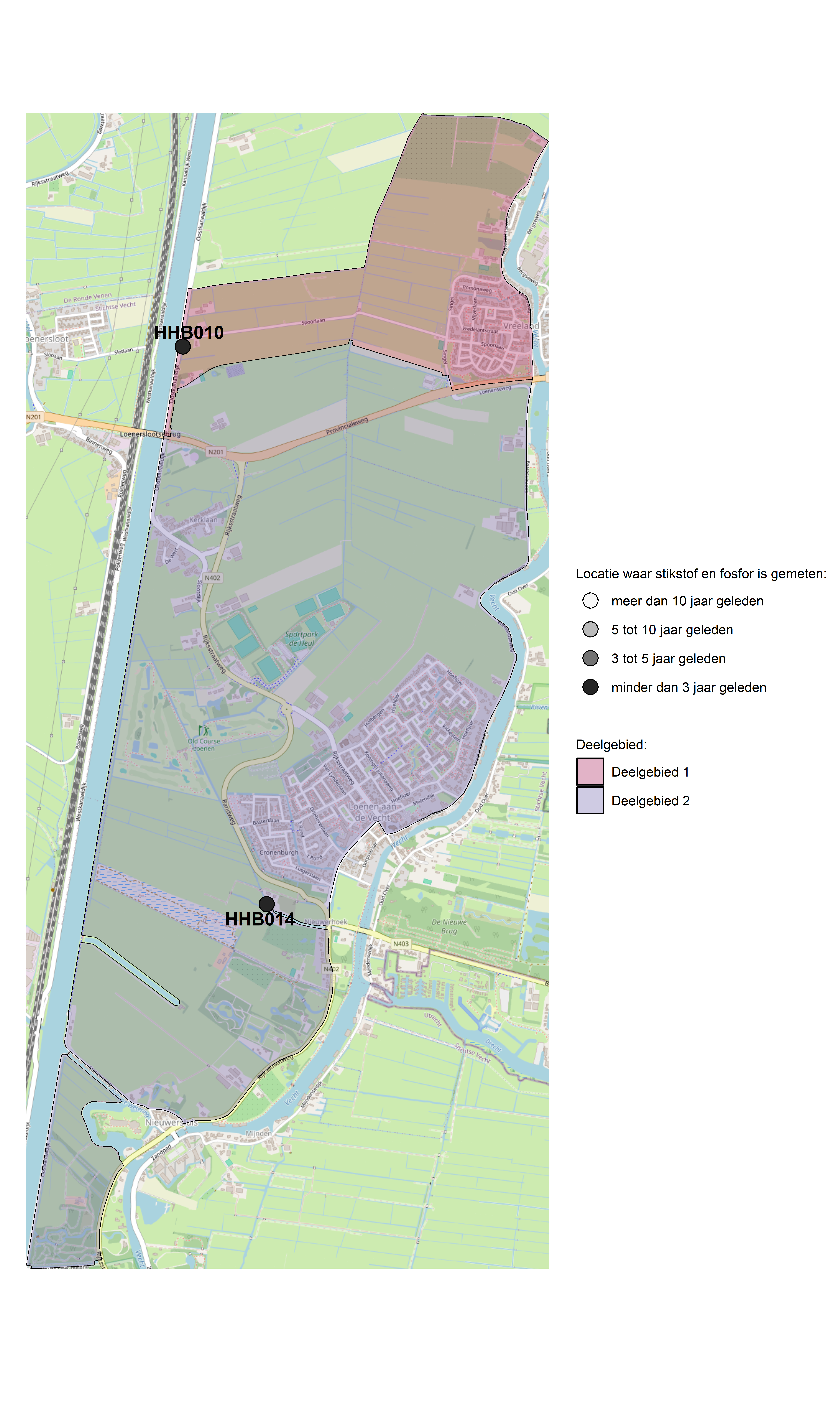 Figure 1: Kaart met meetlocaties waar stikstof en fosfor zijn gemeten. Het laatste meetjaar waarin een locatie is bemonsterd, is weergegeven in verschillende tinten grijs.