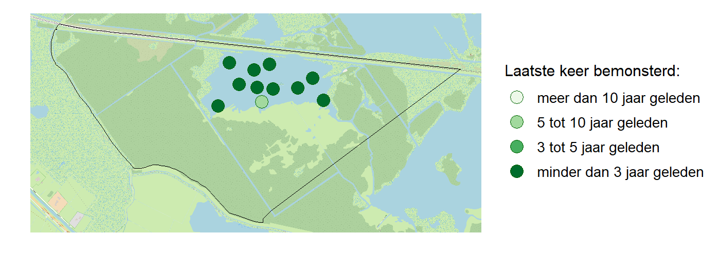 Kaart met meetlocaties waar waterplanten worden gemeten (groene stippen). Het laatste meetjaar waarin een locatie is bemonsterd is weergegeven in verschillende tinten groen.