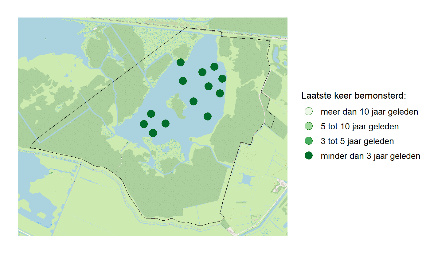 Kaart met meetlocaties waar waterplanten worden gemeten (groene stippen). Het laatste meetjaar waarin een locatie is bemonsterd is weergegeven in verschillende tinten groen.