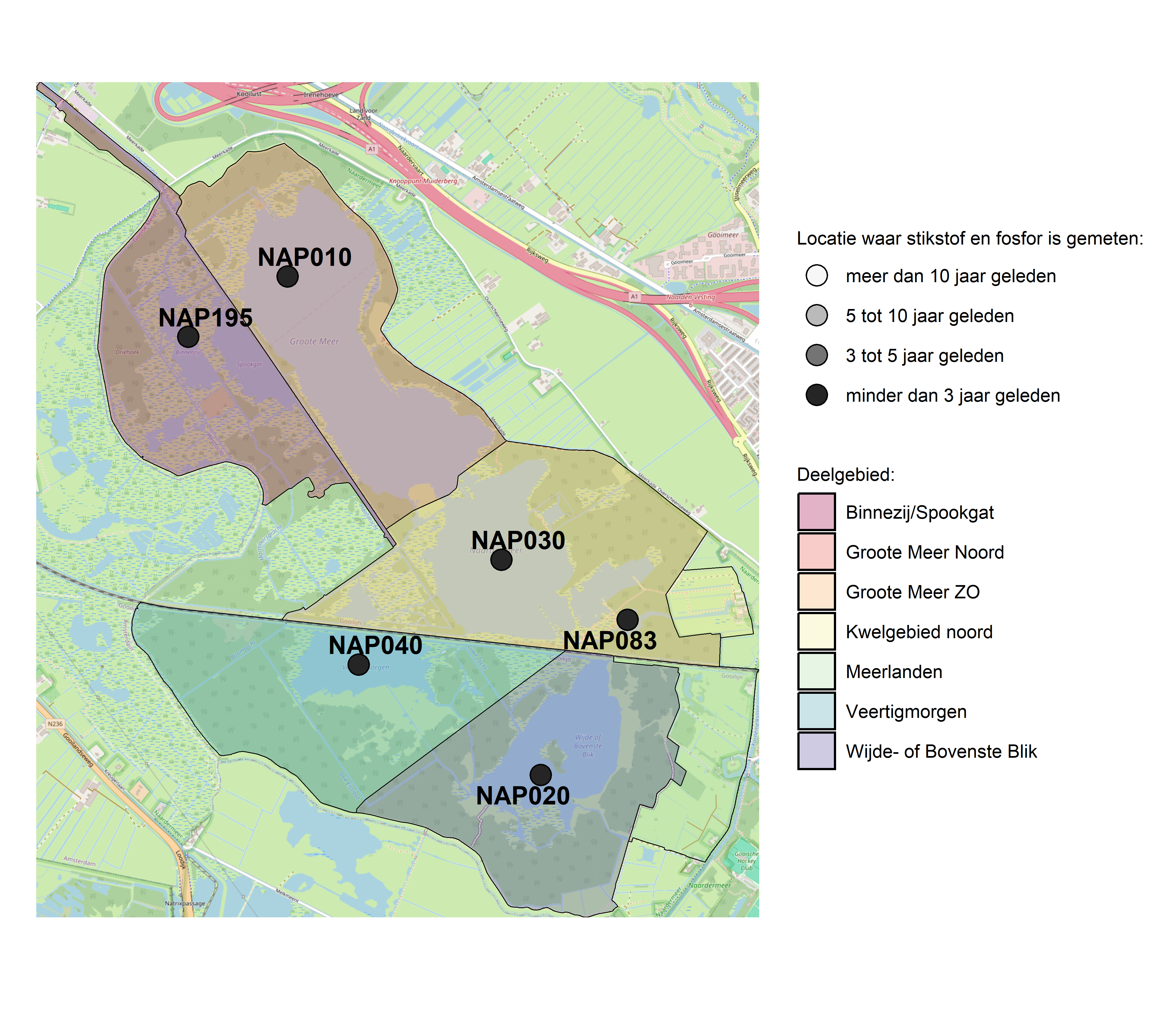 Figure 1: Kaart met meetlocaties waar stikstof en fosfor zijn gemeten. Het laatste meetjaar waarin een locatie is bemonsterd, is weergegeven in verschillende tinten grijs.