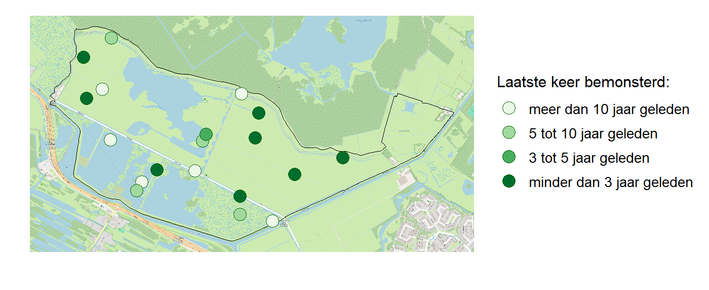 Kaart met meetlocaties waar waterplanten worden gemeten (groene stippen). Het laatste meetjaar waarin een locatie is bemonsterd is weergegeven in verschillende tinten groen.