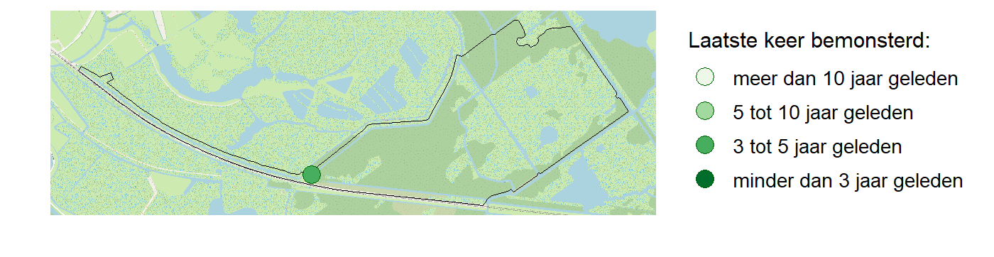 Kaart met meetlocaties waar waterplanten worden gemeten (groene stippen). Het laatste meetjaar waarin een locatie is bemonsterd is weergegeven in verschillende tinten groen.