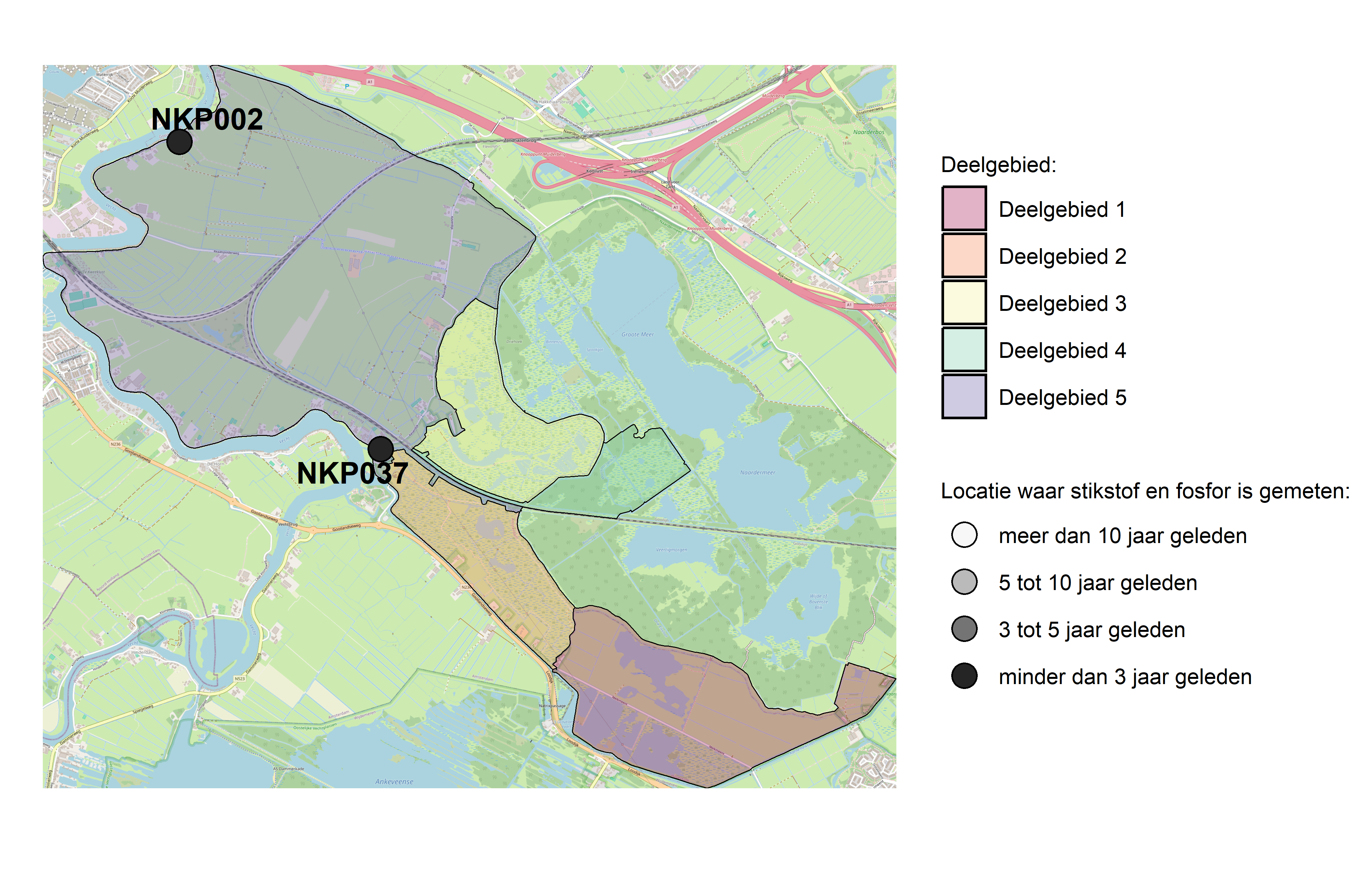 Figure 1: Kaart met meetlocaties waar stikstof en fosfor zijn gemeten. Het laatste meetjaar waarin een locatie is bemonsterd, is weergegeven in verschillende tinten grijs.