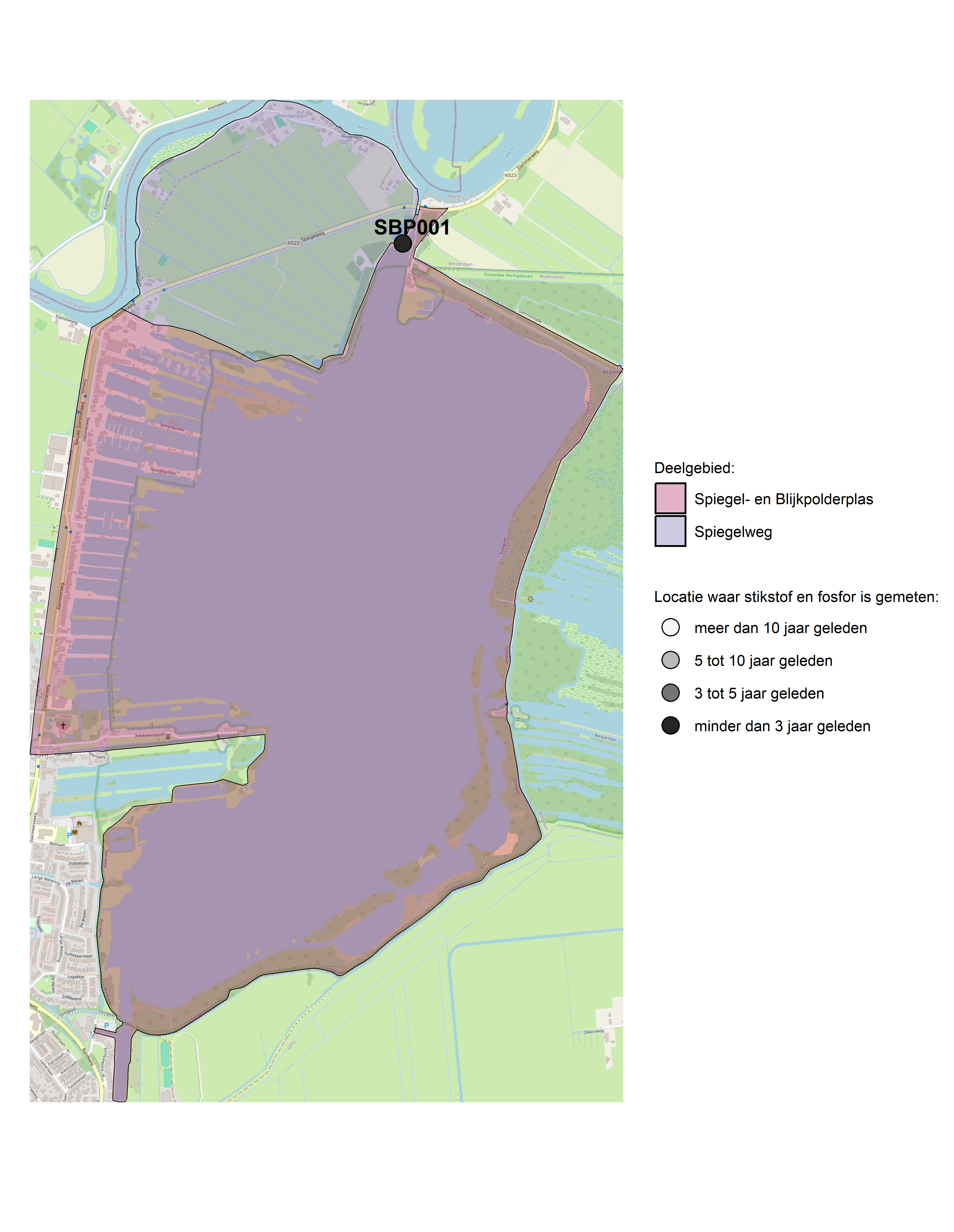 Figure 1: Kaart met meetlocaties waar stikstof en fosfor zijn gemeten. Het laatste meetjaar waarin een locatie is bemonsterd, is weergegeven in verschillende tinten grijs.