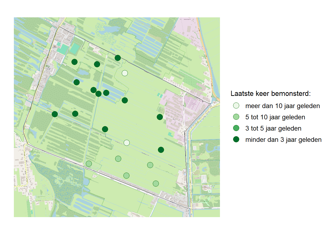 Kaart met meetlocaties waar waterplanten worden gemeten (groene stippen). Het laatste meetjaar waarin een locatie is bemonsterd is weergegeven in verschillende tinten groen.