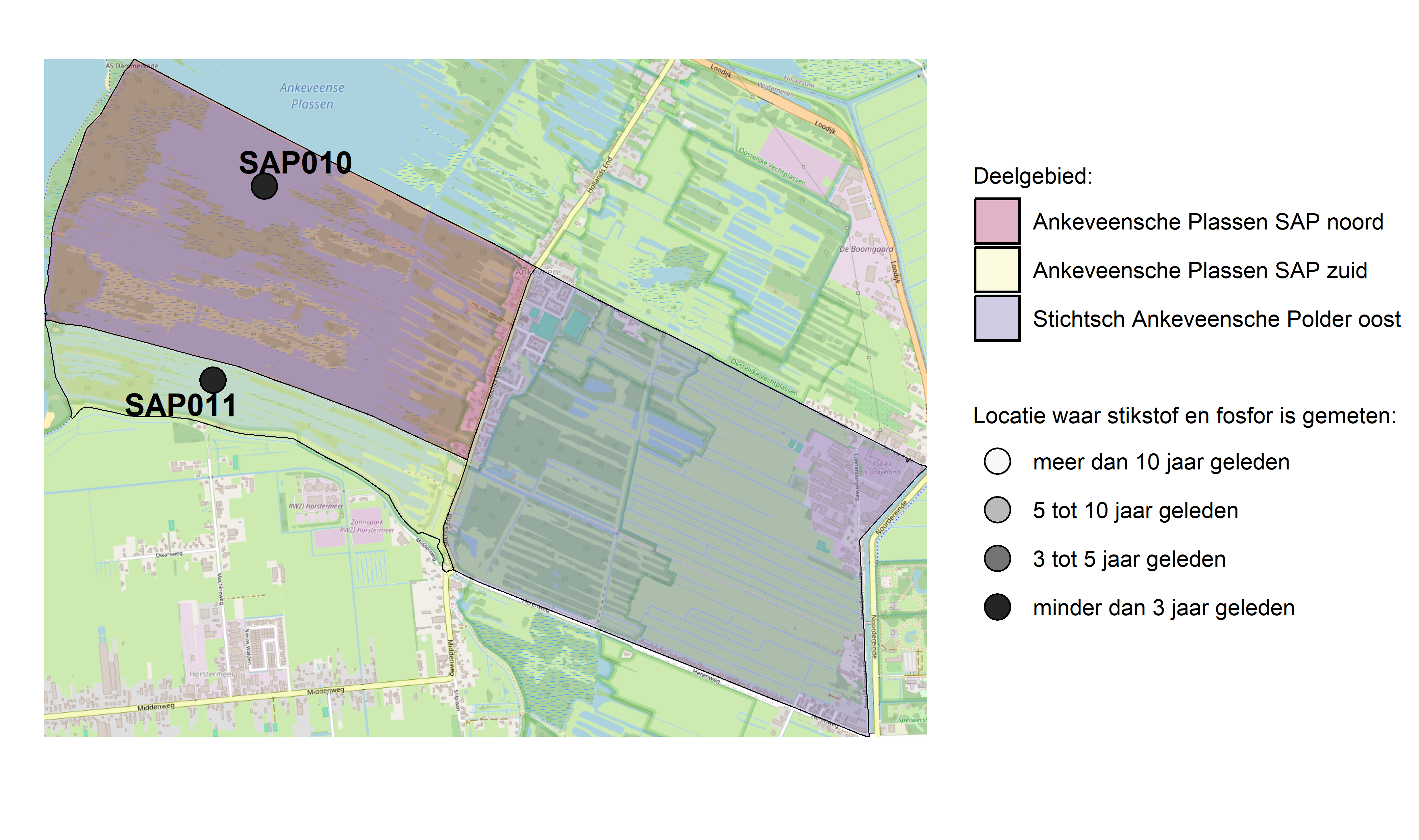 Figure 1: Kaart met meetlocaties waar stikstof en fosfor zijn gemeten. Het laatste meetjaar waarin een locatie is bemonsterd, is weergegeven in verschillende tinten grijs.