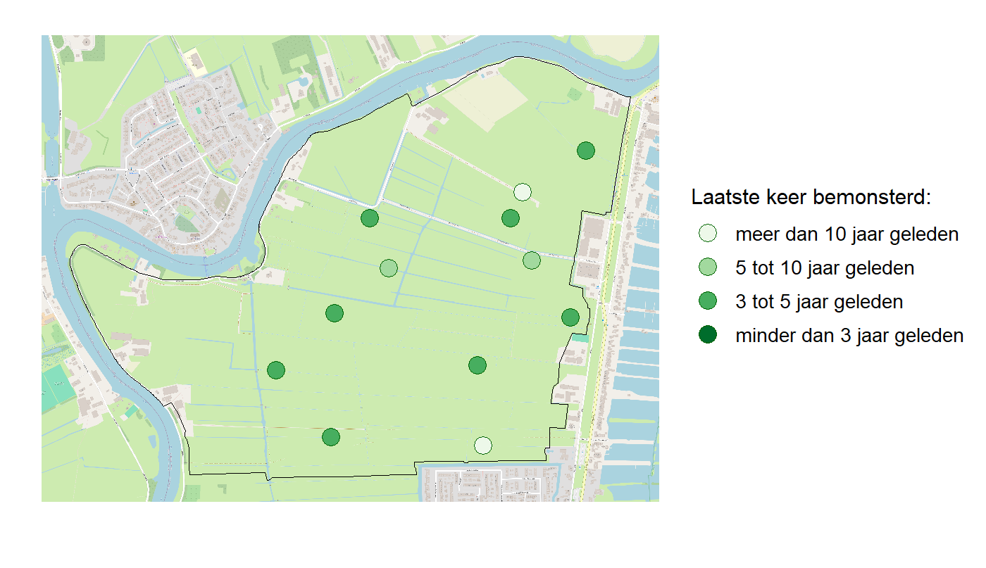 Kaart met meetlocaties waar waterplanten worden gemeten (groene stippen). Het laatste meetjaar waarin een locatie is bemonsterd is weergegeven in verschillende tinten groen.