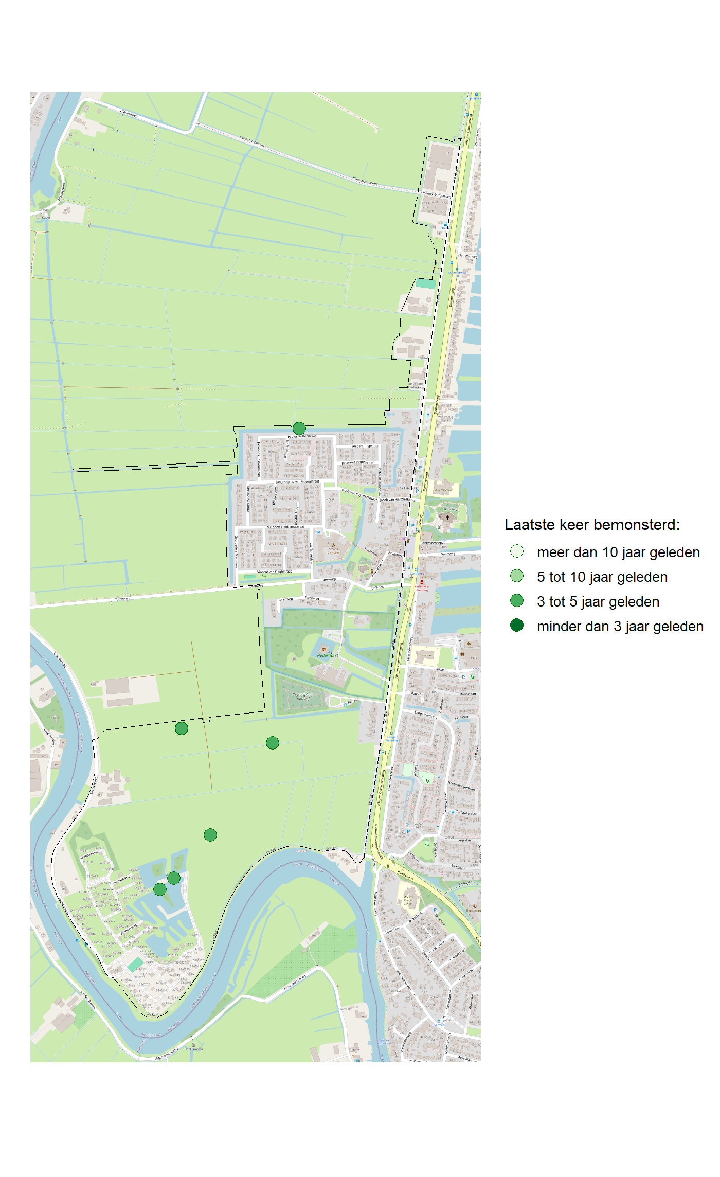 Kaart met meetlocaties waar waterplanten worden gemeten (groene stippen). Het laatste meetjaar waarin een locatie is bemonsterd is weergegeven in verschillende tinten groen.