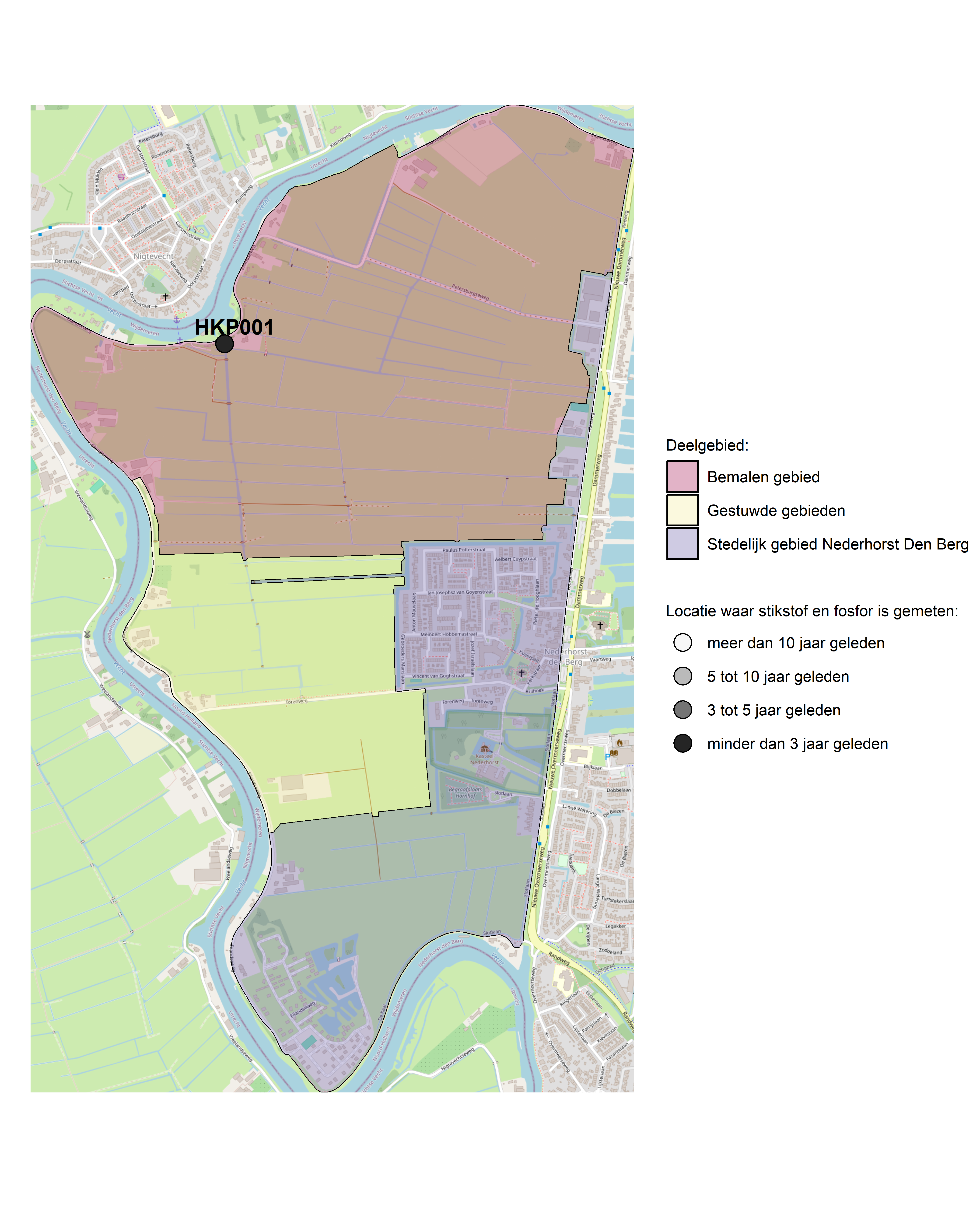 Figure 1: Kaart met meetlocaties waar stikstof en fosfor zijn gemeten. Het laatste meetjaar waarin een locatie is bemonsterd, is weergegeven in verschillende tinten grijs.