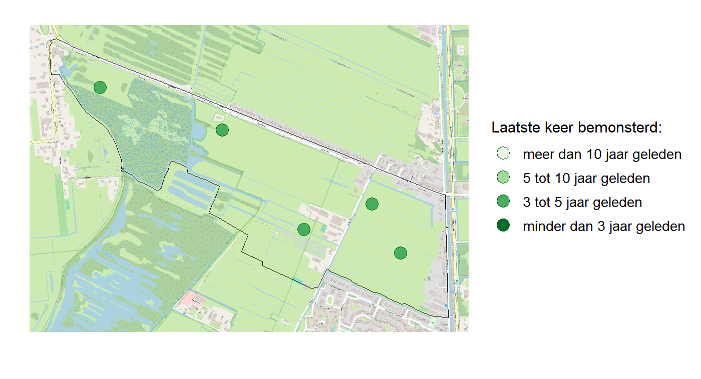 Kaart met meetlocaties waar waterplanten worden gemeten (groene stippen). Het laatste meetjaar waarin een locatie is bemonsterd is weergegeven in verschillende tinten groen.