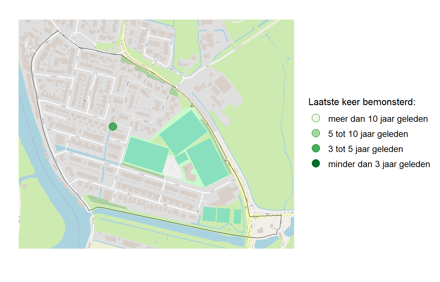 Kaart met meetlocaties waar waterplanten worden gemeten (groene stippen). Het laatste meetjaar waarin een locatie is bemonsterd is weergegeven in verschillende tinten groen.