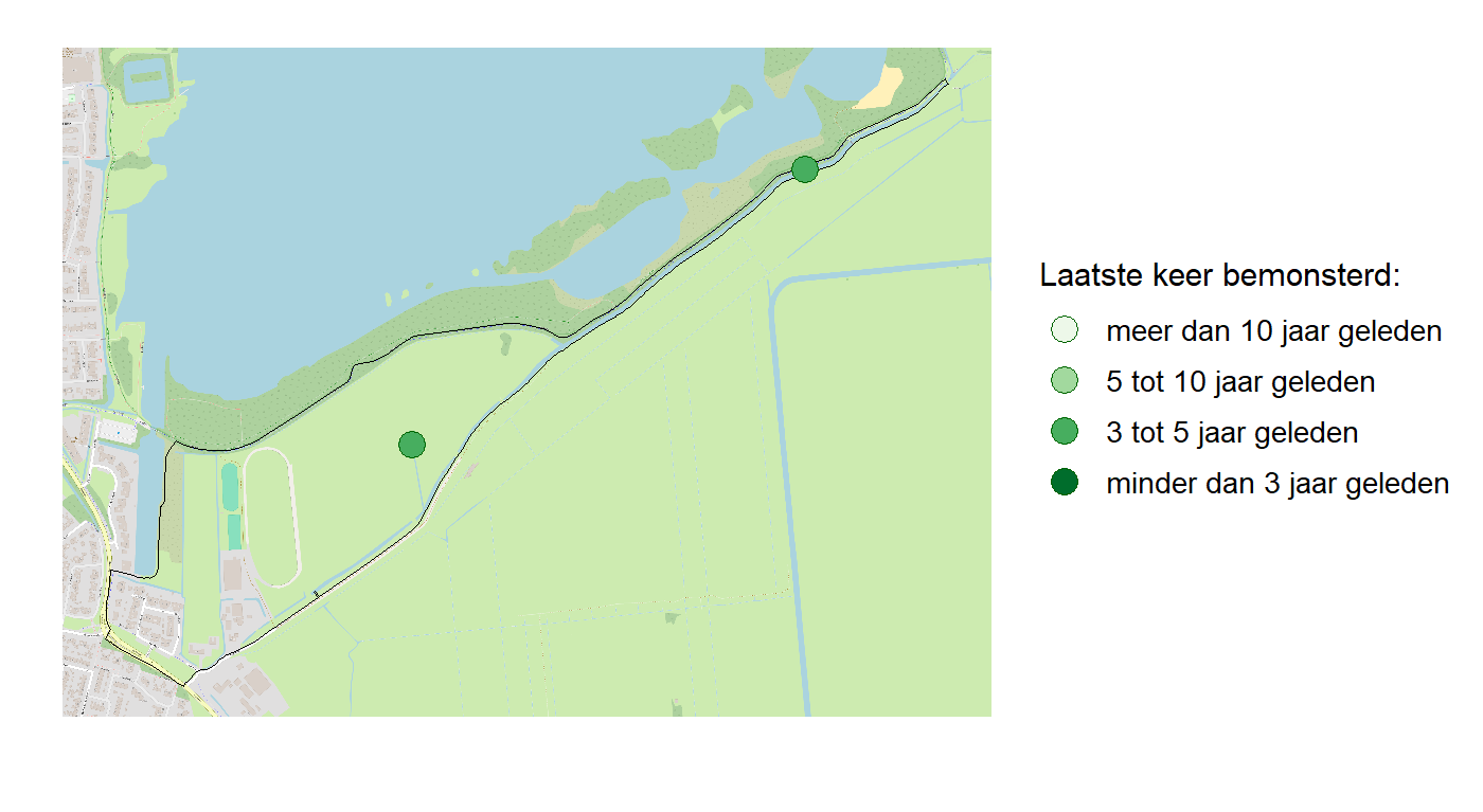 Kaart met meetlocaties waar waterplanten worden gemeten (groene stippen). Het laatste meetjaar waarin een locatie is bemonsterd is weergegeven in verschillende tinten groen.