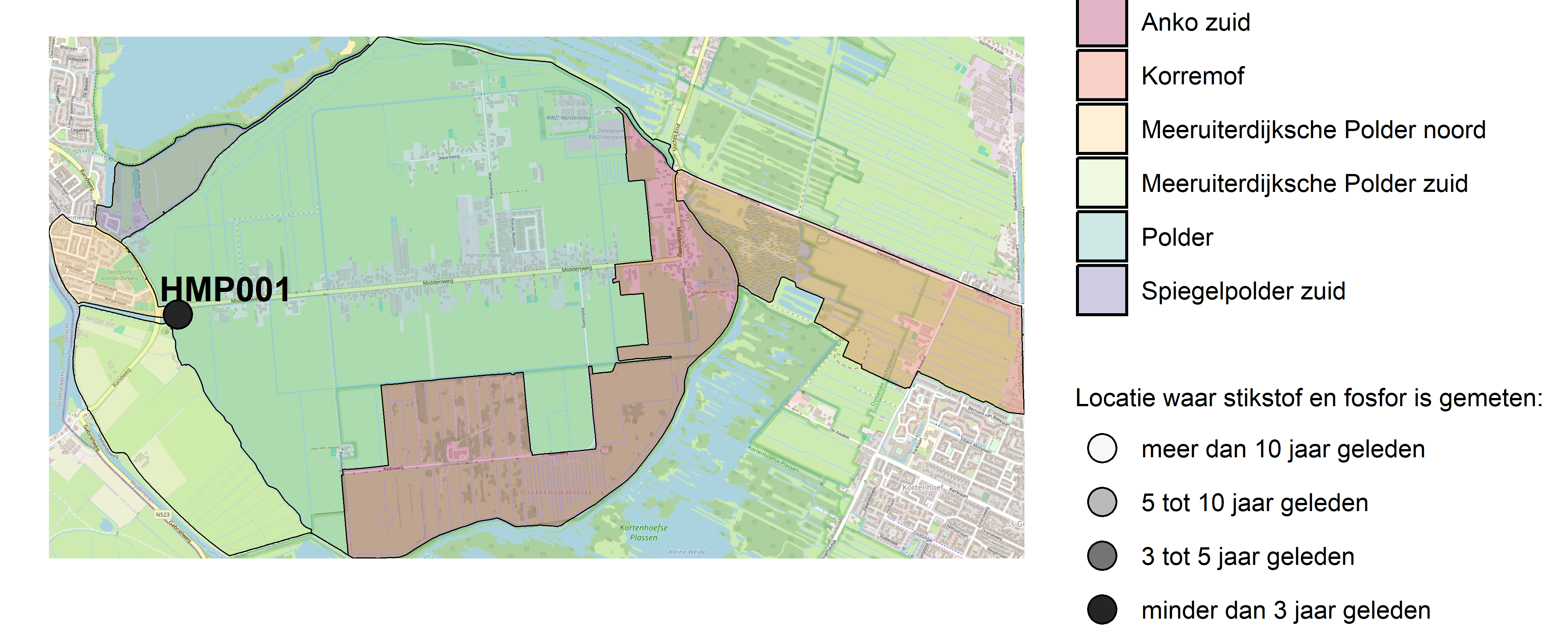 Figure 1: Kaart met meetlocaties waar stikstof en fosfor zijn gemeten. Het laatste meetjaar waarin een locatie is bemonsterd, is weergegeven in verschillende tinten grijs.