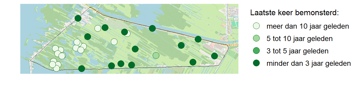 Kaart met meetlocaties waar waterplanten worden gemeten (groene stippen). Het laatste meetjaar waarin een locatie is bemonsterd is weergegeven in verschillende tinten groen.