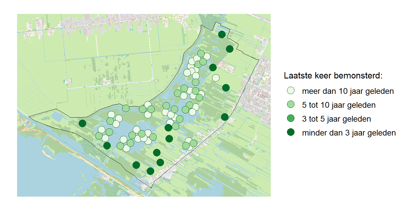 Kaart met meetlocaties waar waterplanten worden gemeten (groene stippen). Het laatste meetjaar waarin een locatie is bemonsterd is weergegeven in verschillende tinten groen.