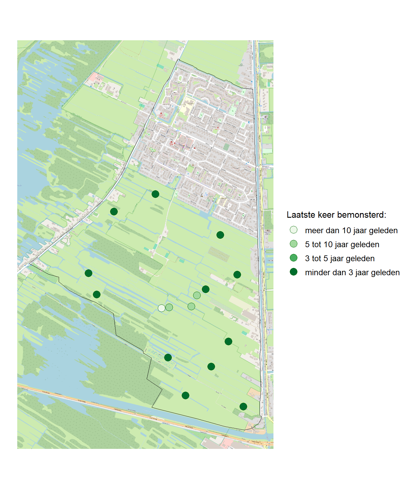 Kaart met meetlocaties waar waterplanten worden gemeten (groene stippen). Het laatste meetjaar waarin een locatie is bemonsterd is weergegeven in verschillende tinten groen.