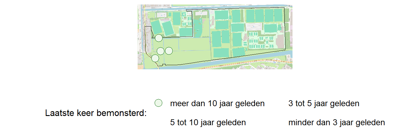 Kaart met meetlocaties waar waterplanten worden gemeten (groene stippen). Het laatste meetjaar waarin een locatie is bemonsterd is weergegeven in verschillende tinten groen.