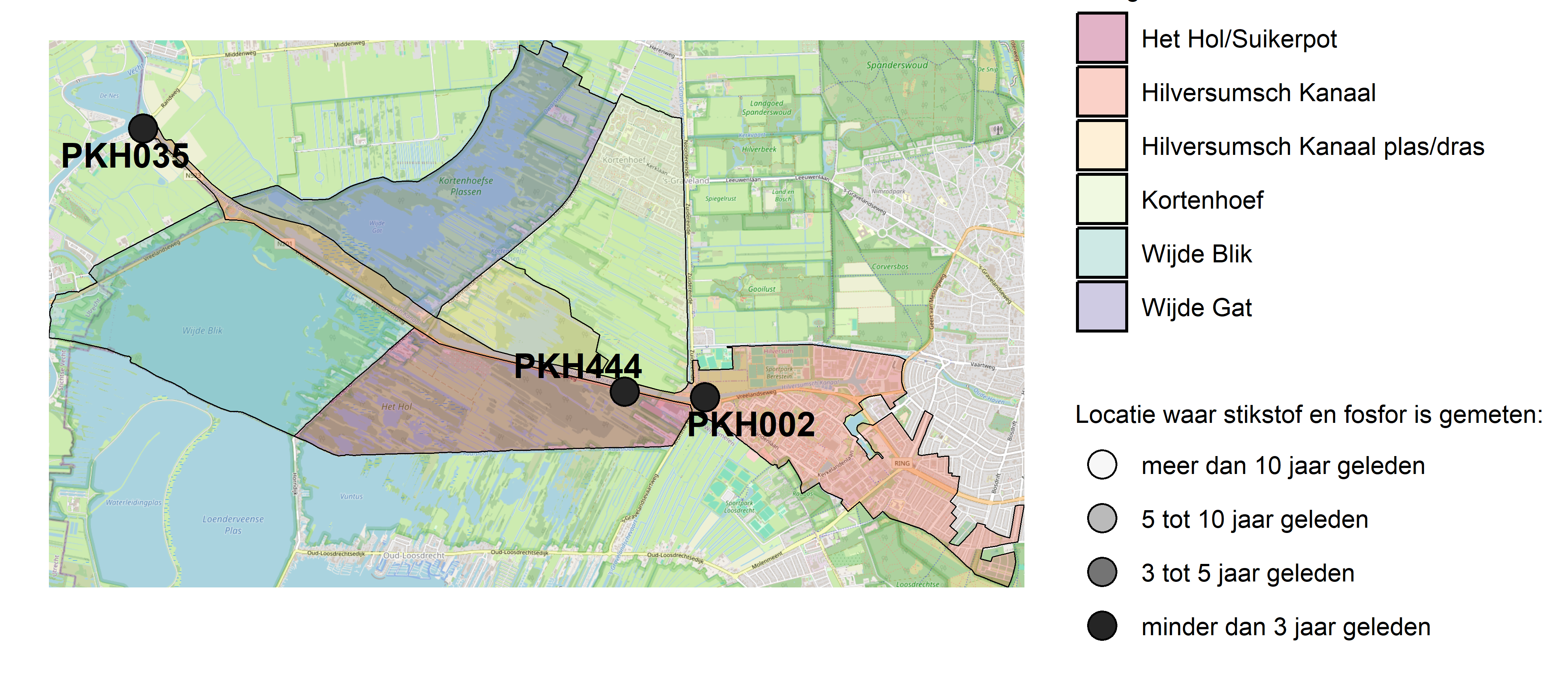 Figure 1: Kaart met meetlocaties waar stikstof en fosfor zijn gemeten. Het laatste meetjaar waarin een locatie is bemonsterd, is weergegeven in verschillende tinten grijs.