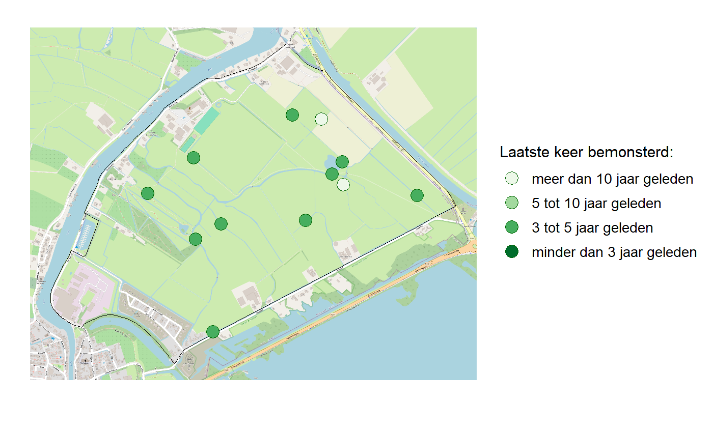 Kaart met meetlocaties waar waterplanten worden gemeten (groene stippen). Het laatste meetjaar waarin een locatie is bemonsterd is weergegeven in verschillende tinten groen.