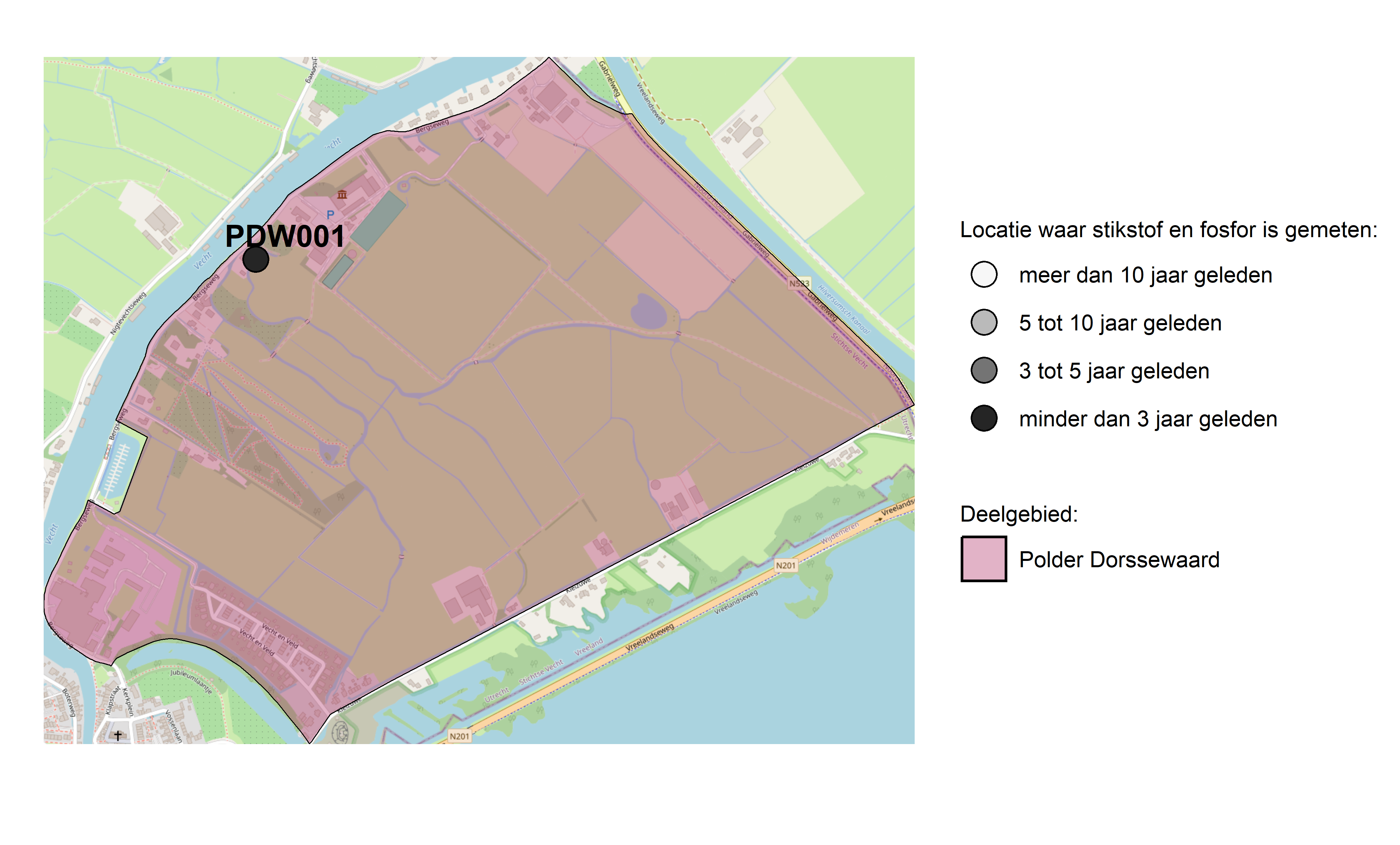 Figure 1: Kaart met meetlocaties waar stikstof en fosfor zijn gemeten. Het laatste meetjaar waarin een locatie is bemonsterd, is weergegeven in verschillende tinten grijs.