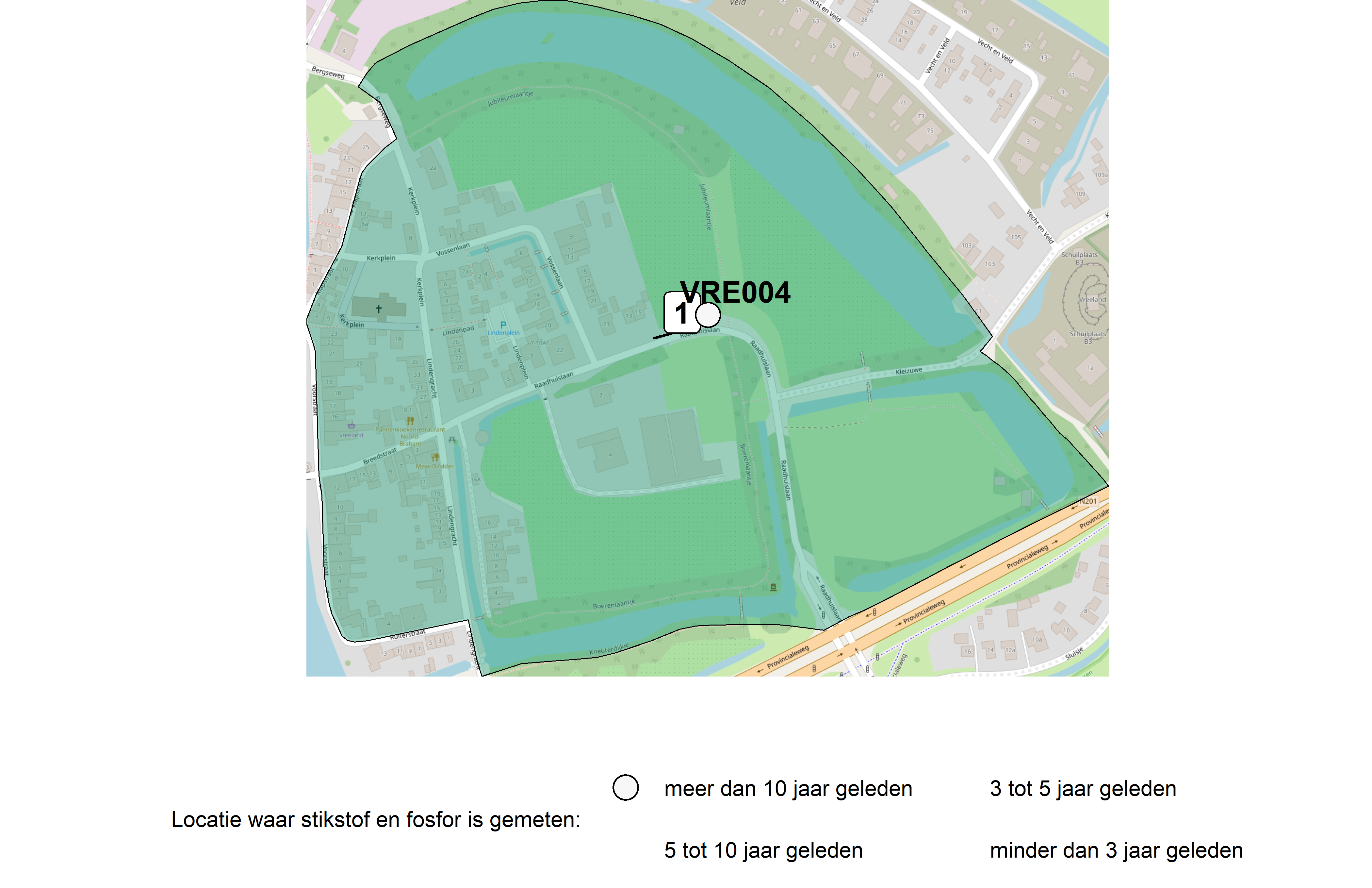 Figure 1: Kaart met meetlocaties waar stikstof en fosfor zijn gemeten. Het laatste meetjaar waarin een locatie is bemonsterd, is weergegeven in verschillende tinten grijs.