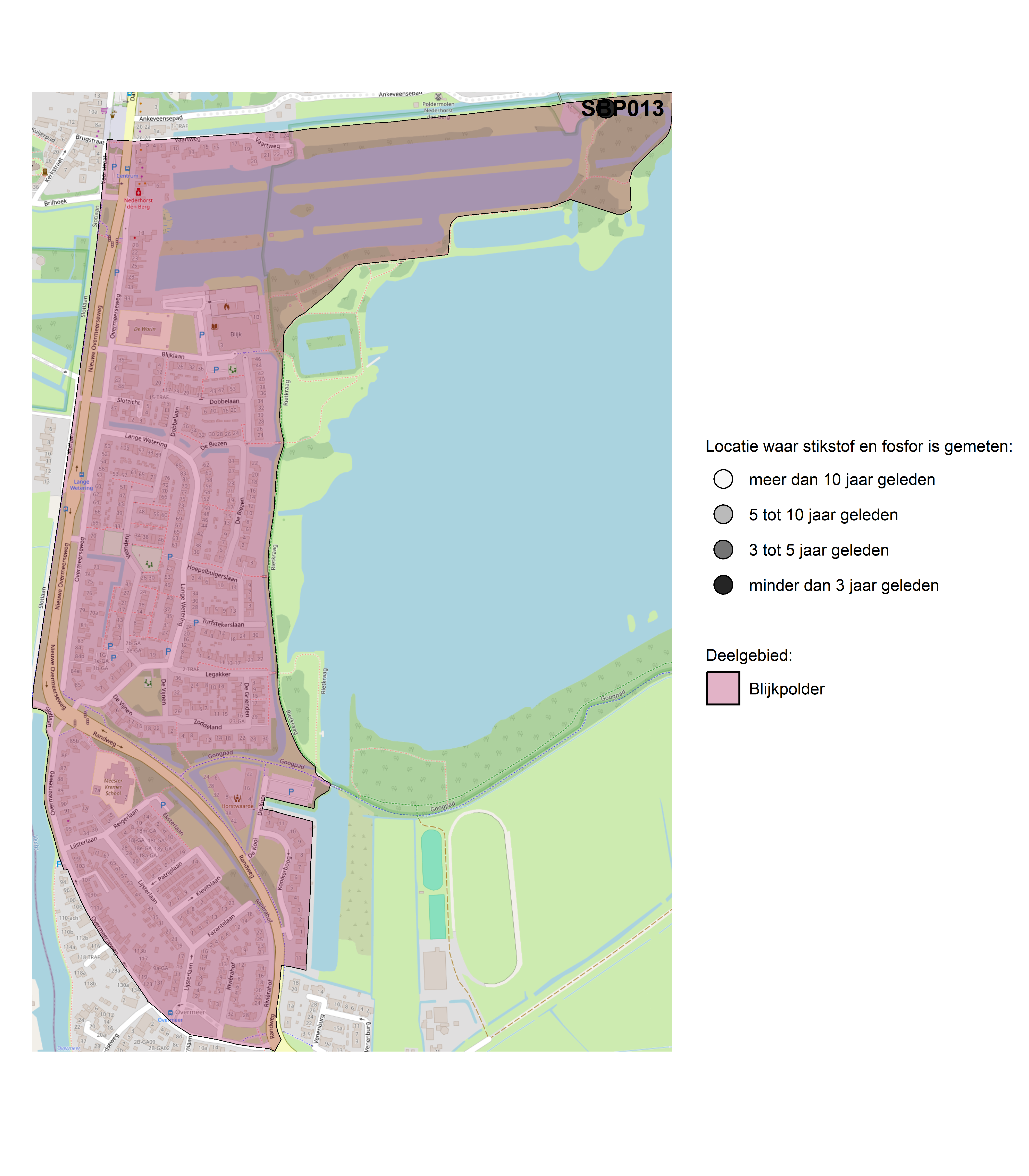 Figure 1: Kaart met meetlocaties waar stikstof en fosfor zijn gemeten. Het laatste meetjaar waarin een locatie is bemonsterd, is weergegeven in verschillende tinten grijs.