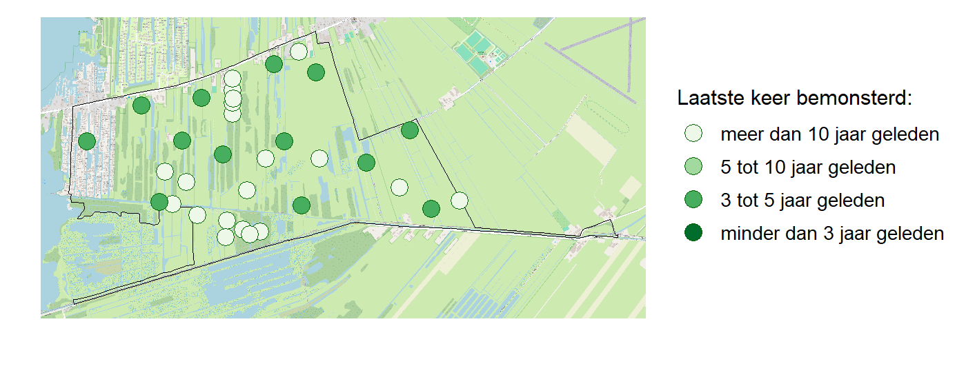 Kaart met meetlocaties waar waterplanten worden gemeten (groene stippen). Het laatste meetjaar waarin een locatie is bemonsterd is weergegeven in verschillende tinten groen.