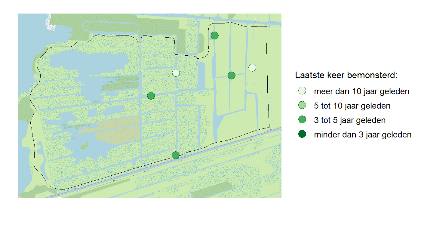 Kaart met meetlocaties waar waterplanten worden gemeten (groene stippen). Het laatste meetjaar waarin een locatie is bemonsterd is weergegeven in verschillende tinten groen.