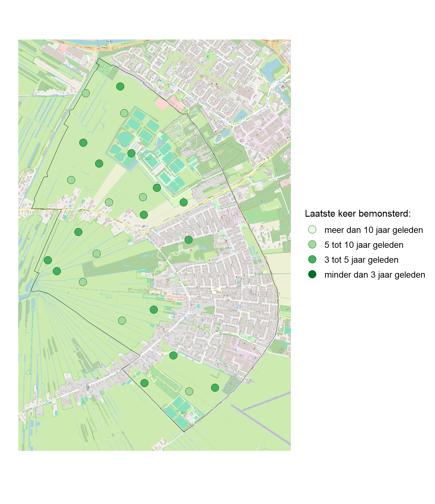 Kaart met meetlocaties waar waterplanten worden gemeten (groene stippen). Het laatste meetjaar waarin een locatie is bemonsterd is weergegeven in verschillende tinten groen.