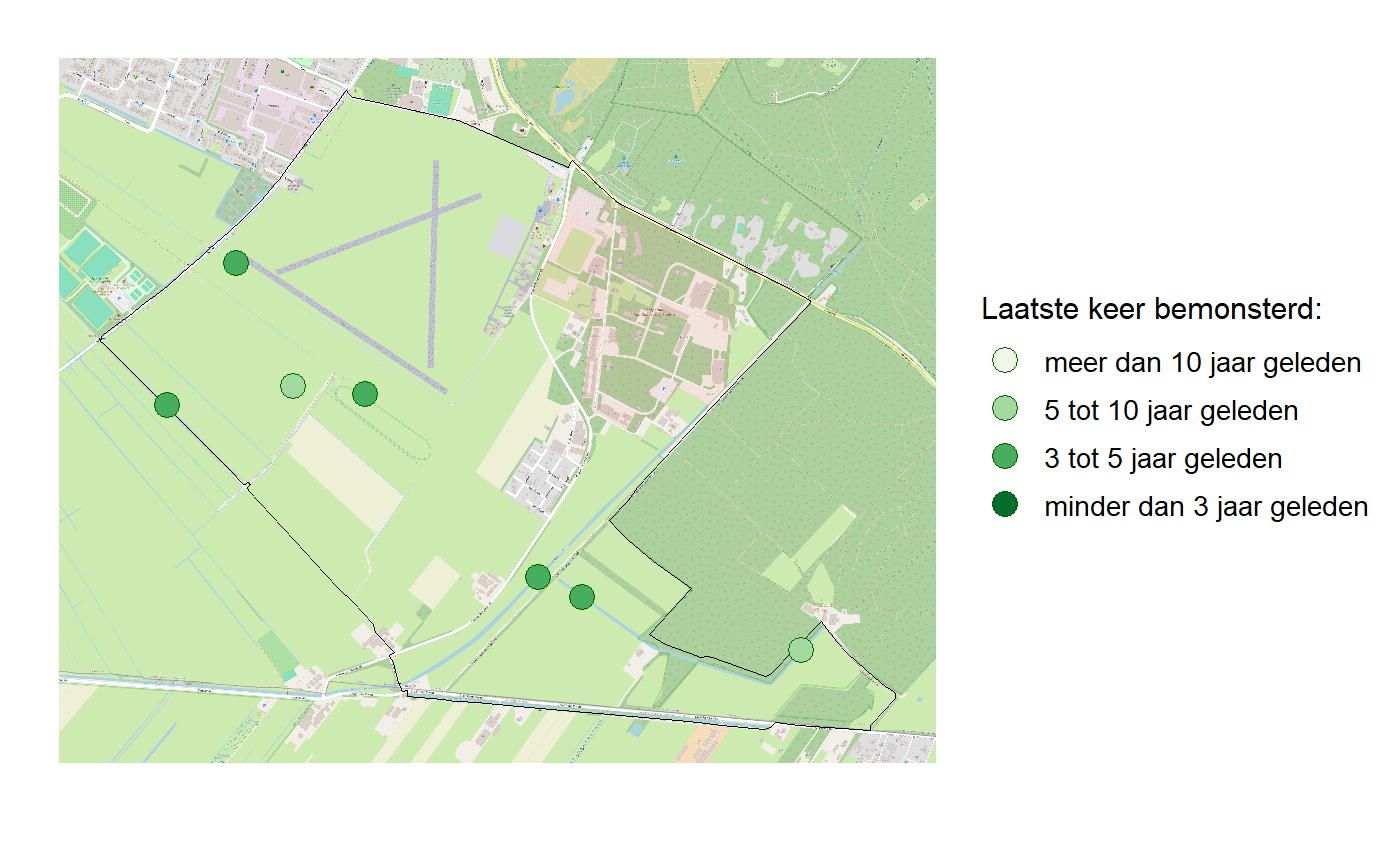 Kaart met meetlocaties waar waterplanten worden gemeten (groene stippen). Het laatste meetjaar waarin een locatie is bemonsterd is weergegeven in verschillende tinten groen.