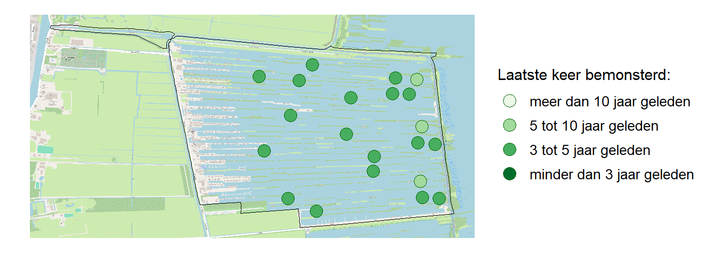 Kaart met meetlocaties waar waterplanten worden gemeten (groene stippen). Het laatste meetjaar waarin een locatie is bemonsterd is weergegeven in verschillende tinten groen.