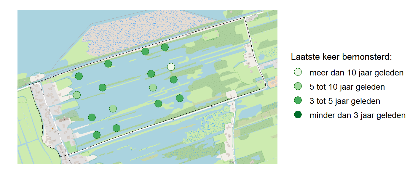 Kaart met meetlocaties waar waterplanten worden gemeten (groene stippen). Het laatste meetjaar waarin een locatie is bemonsterd is weergegeven in verschillende tinten groen.