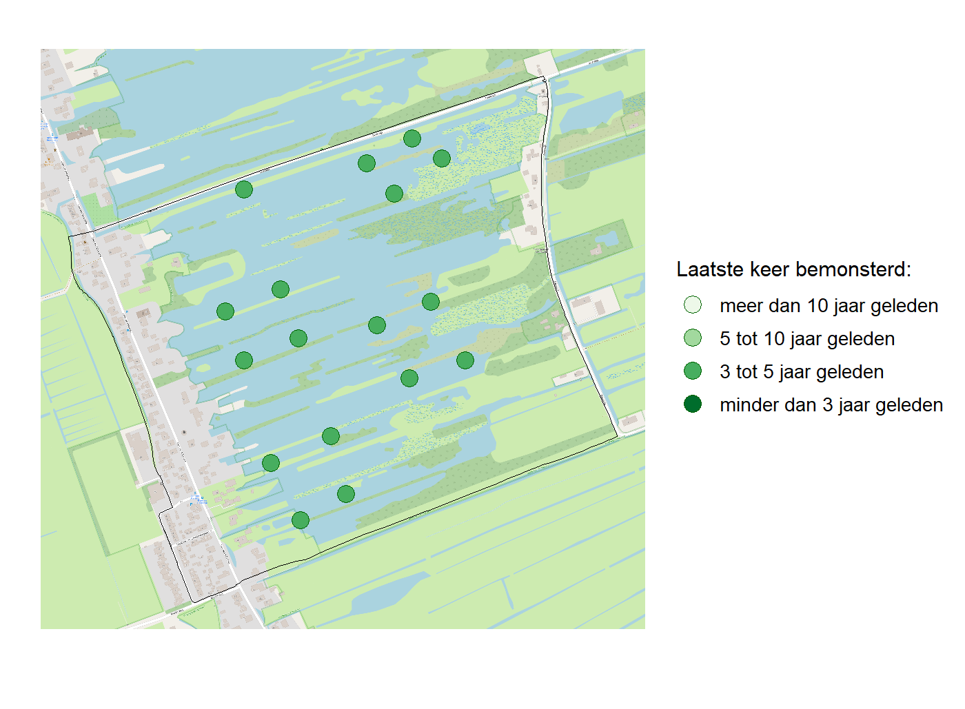 Kaart met meetlocaties waar waterplanten worden gemeten (groene stippen). Het laatste meetjaar waarin een locatie is bemonsterd is weergegeven in verschillende tinten groen.