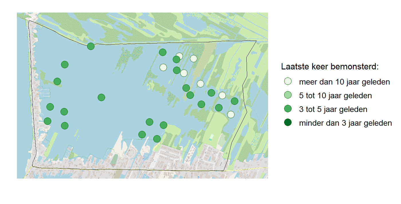 Kaart met meetlocaties waar waterplanten worden gemeten (groene stippen). Het laatste meetjaar waarin een locatie is bemonsterd is weergegeven in verschillende tinten groen.