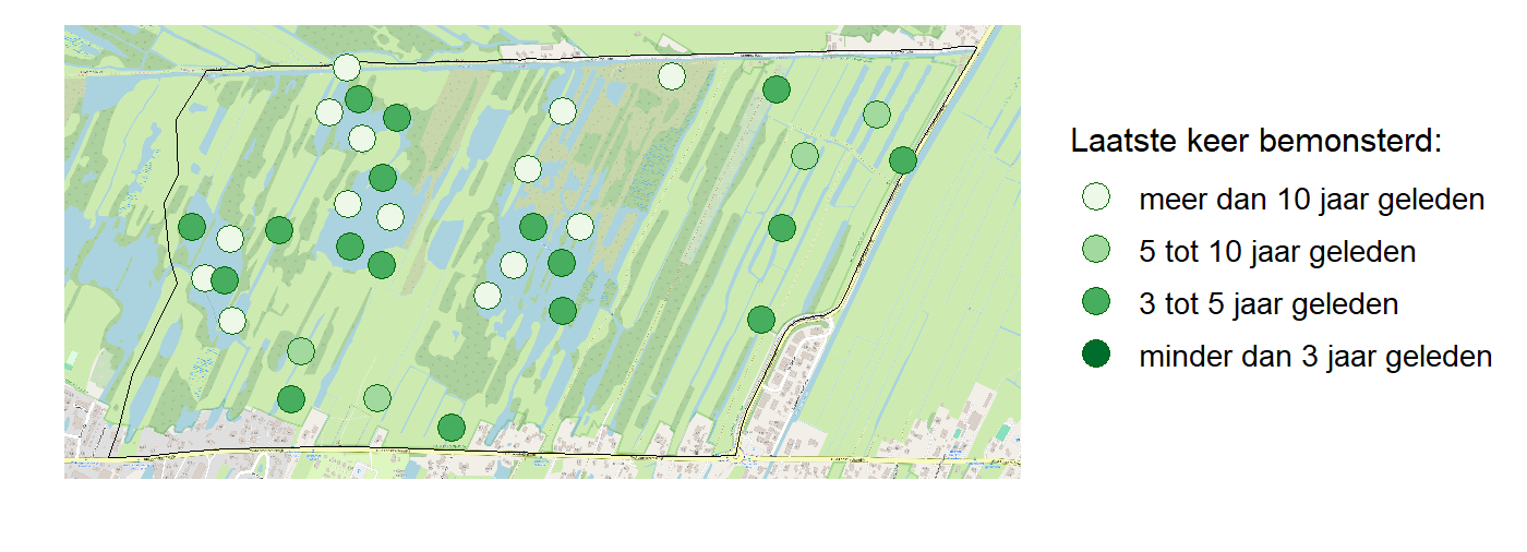 Kaart met meetlocaties waar waterplanten worden gemeten (groene stippen). Het laatste meetjaar waarin een locatie is bemonsterd is weergegeven in verschillende tinten groen.