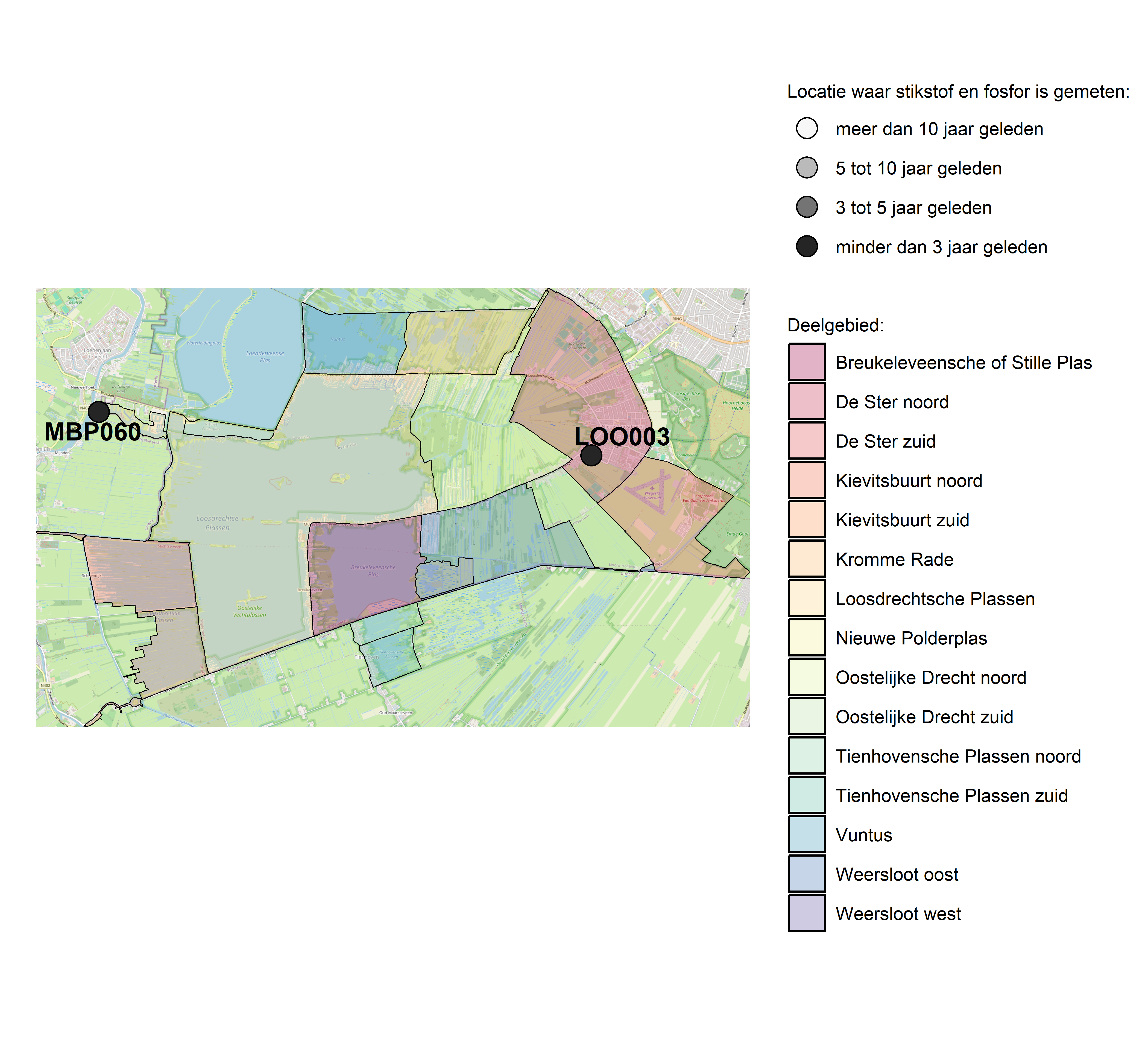 Figure 1: Kaart met meetlocaties waar stikstof en fosfor zijn gemeten. Het laatste meetjaar waarin een locatie is bemonsterd, is weergegeven in verschillende tinten grijs.