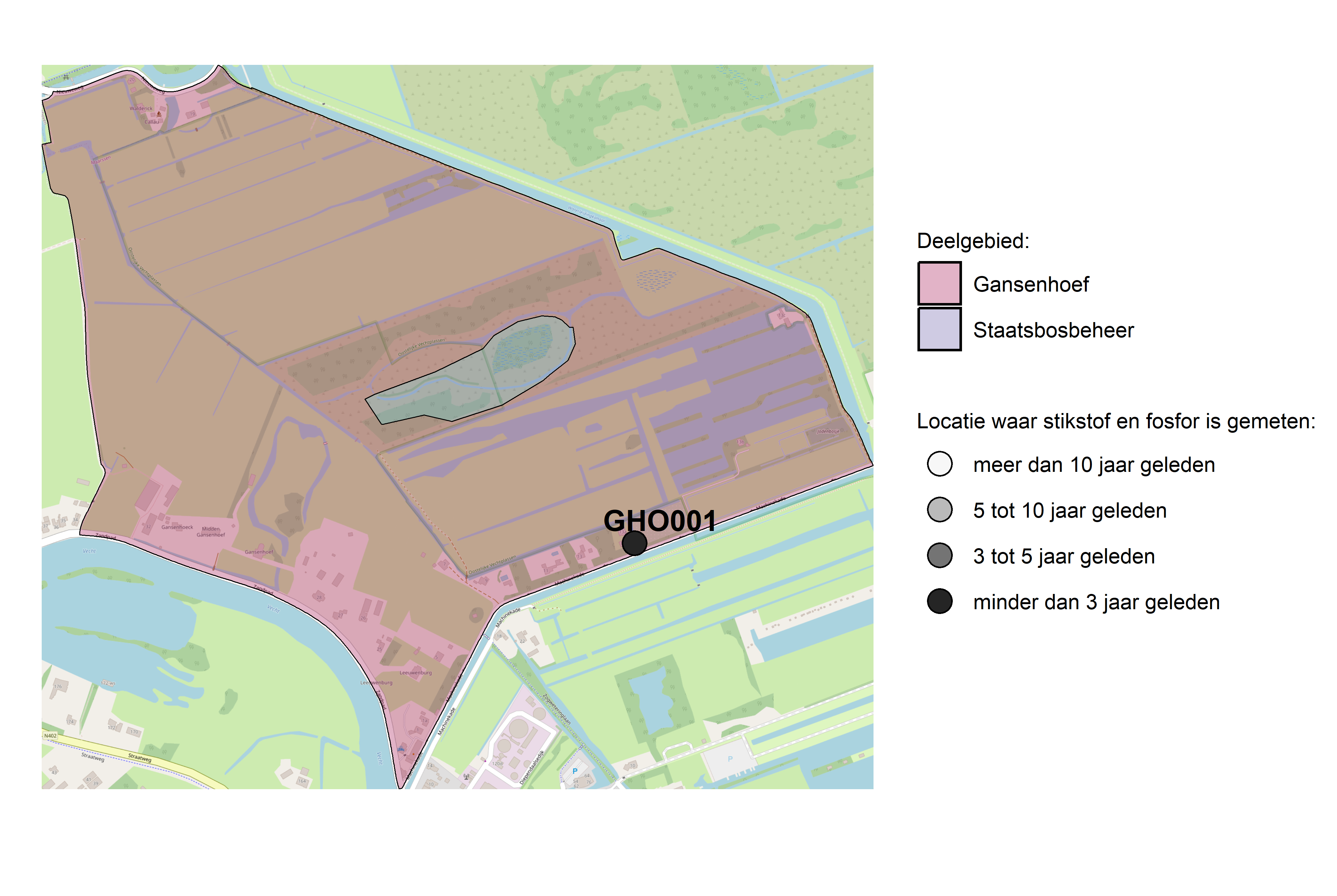 Figure 1: Kaart met meetlocaties waar stikstof en fosfor zijn gemeten. Het laatste meetjaar waarin een locatie is bemonsterd, is weergegeven in verschillende tinten grijs.