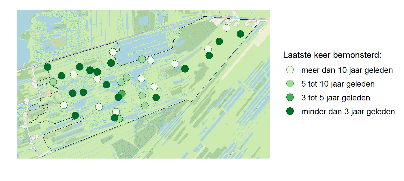 Kaart met meetlocaties waar waterplanten worden gemeten (groene stippen). Het laatste meetjaar waarin een locatie is bemonsterd is weergegeven in verschillende tinten groen.